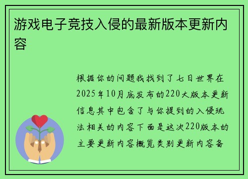 游戏电子竞技入侵的最新版本更新内容